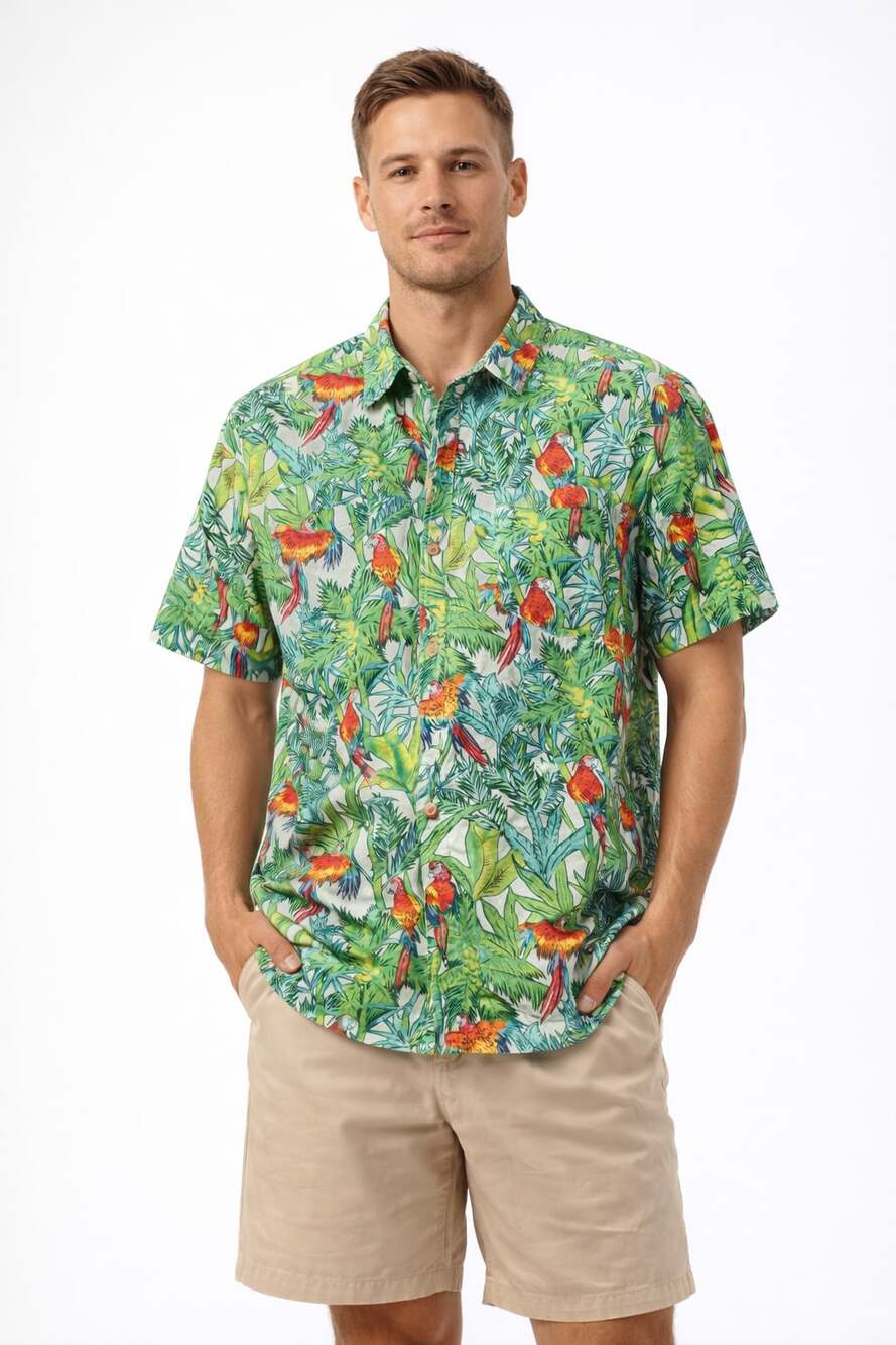 Vintage An Original By Santana Fashions Tropical Parrot Floral Hawaiian Shirt